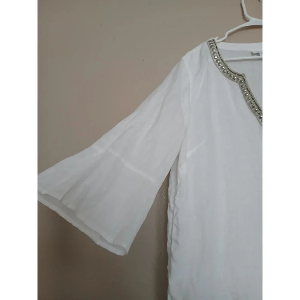 J Jill Top XL Love Linen Tunic Embroidered Cottage Hippie Peasant Boho Bohemian